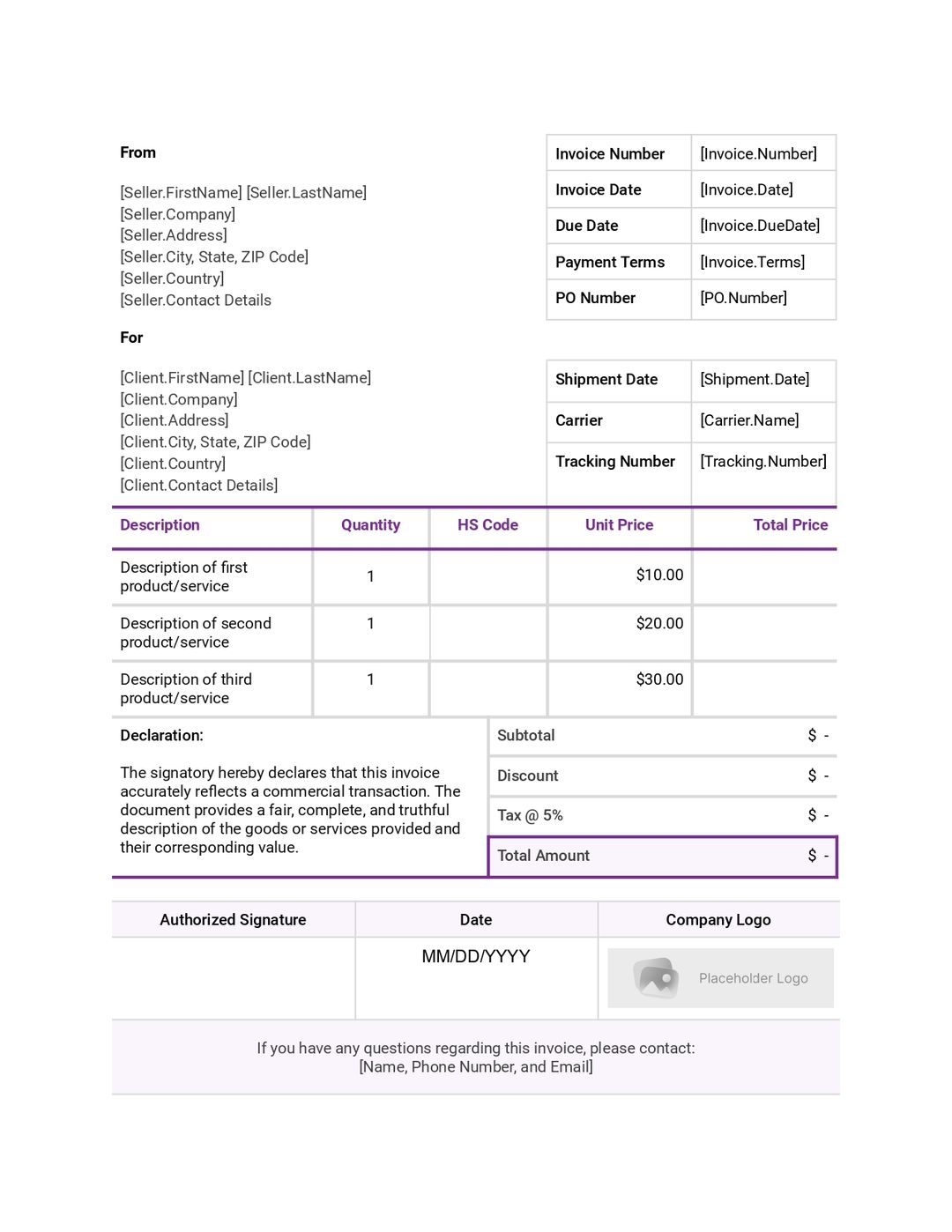 Free Commercial Invoice Template